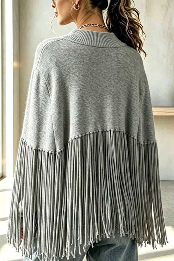 Adriana Knit Crew Neck Tassel Hem Loose Cape Sweater