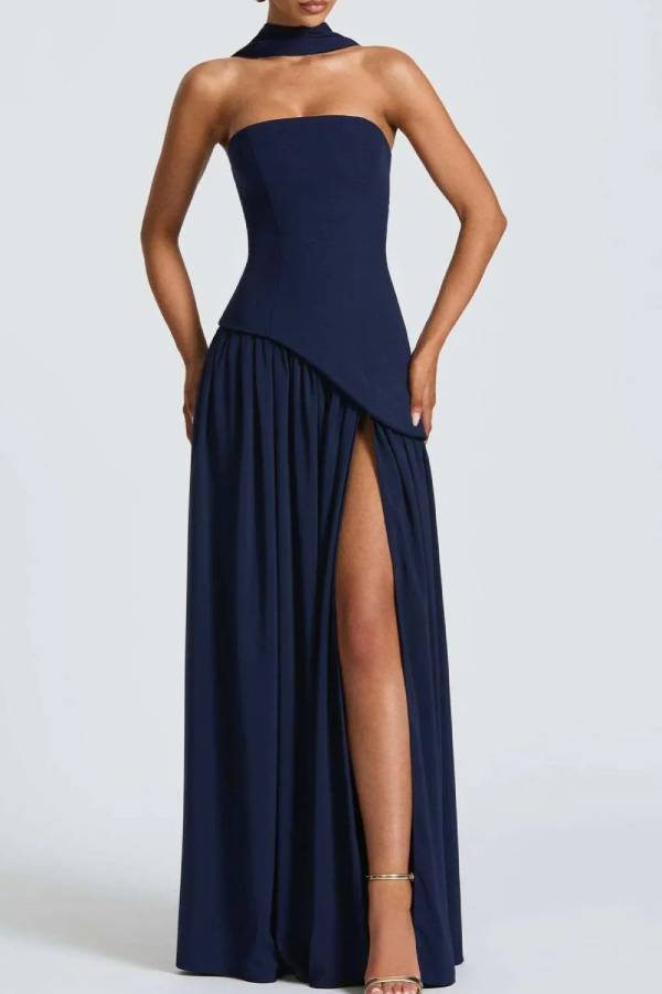 Strapless Slit Ribbon Maxi Dress