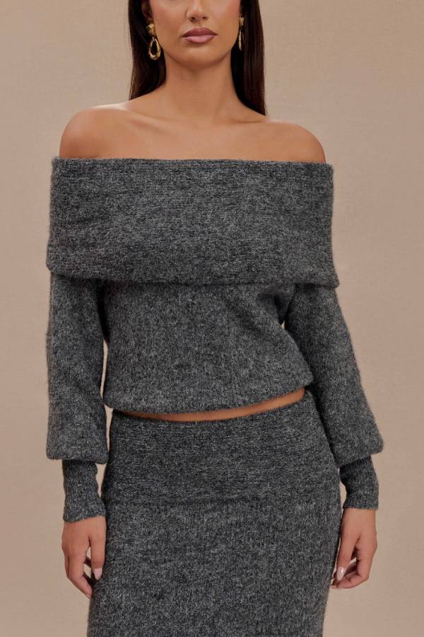Charlotte Knit Bardot Neck Off Shoulder Long Sleeve Relaxed Sweater
