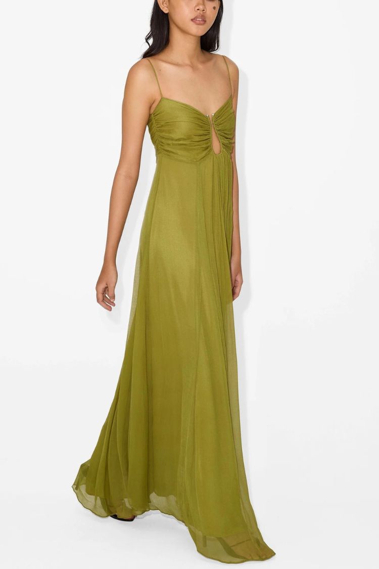 Soft and Elegant Metal Hollow Design Back Smocked A-line Slip Maxi Dress