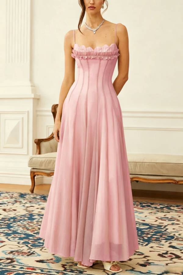 Dreamy Tulle Ruffled Shirred Corset Back Smocked Slip Maxi Dress