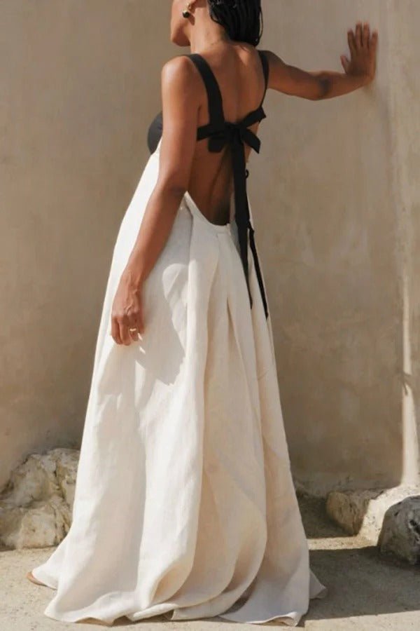 Jordina Linen Blend Colorblock Cups Backless Tie-up Loose Maxi Dress
