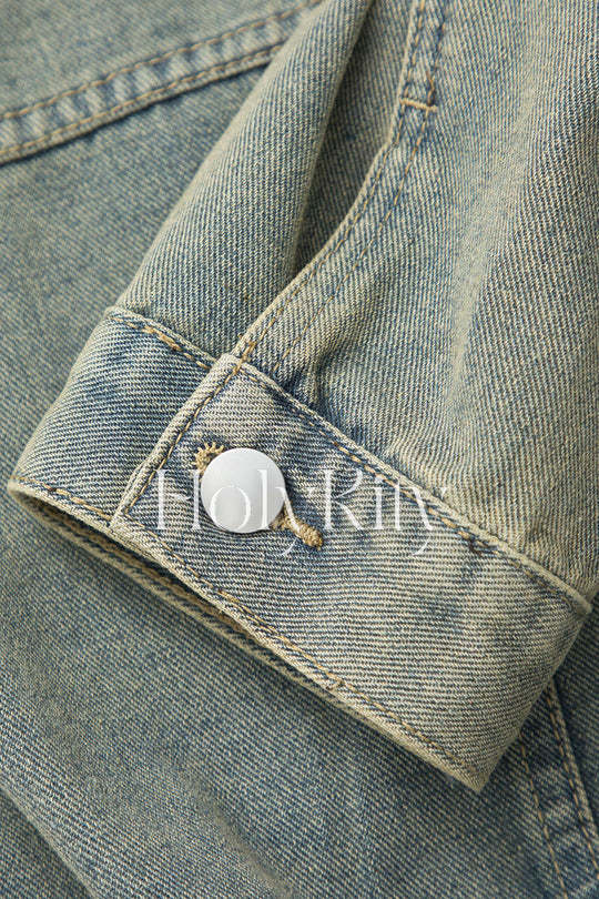 Veste courte en jean boutonnée avec poche à rabat effet vieilli 