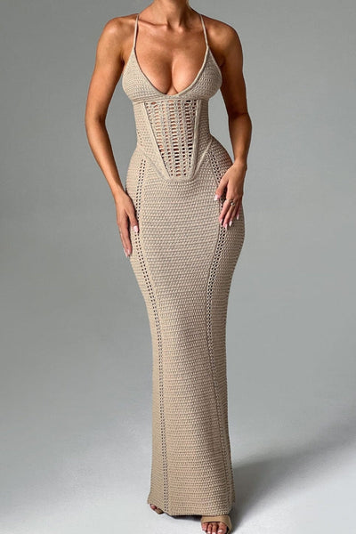 Sexy hollow lace-up large backless knitted dress
