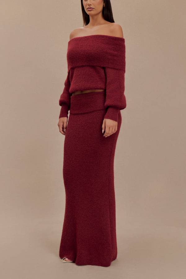 Charlotte Knit Ribbed Waist Fishtail Stretch Maxi Skirt