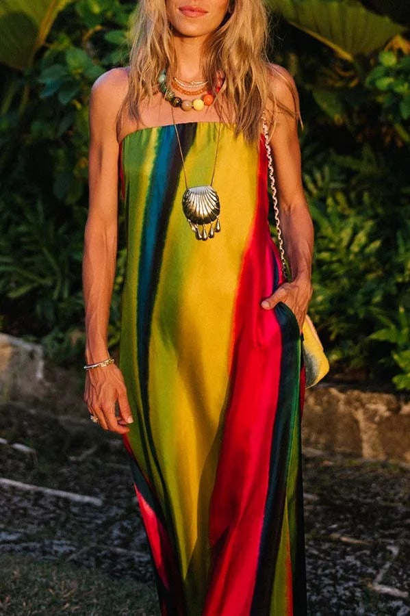 Artistic Rainbow Satin Watercolor Print Off Shoulder Pocketed H-line Maxi Dress
