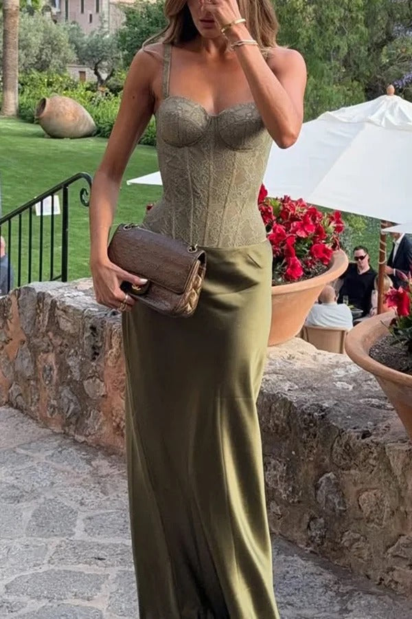 In A Fairytale Lace Satin Mid Rise Drape Maxi Skirt
