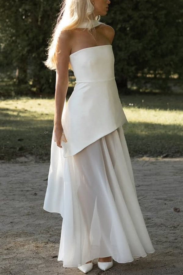 Monaco Off Shoulder Structured Top Chiffon Slit Hem Scarf Maxi Dress