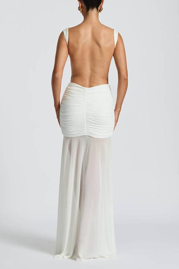 Boat Neck Open Back Metallic Flower Ruched Mesh Mermaid Maxi Gown