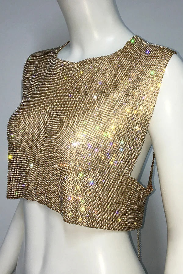 Sexy Metallic Rhinestone Backless Chain Vest