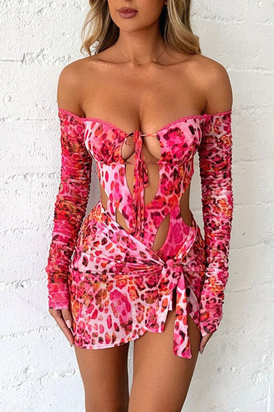LEOPARD PRINT OFF SHOULDER LONG SLEEVE CUT OUT SLIM MINI DRESSES