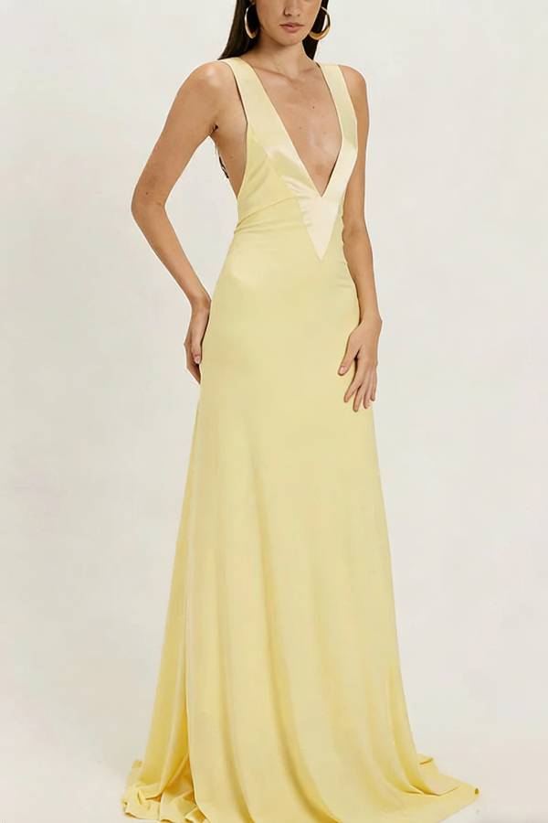 Moon Light Satin V-neck Draping Knit Fabric Backless Maxi Dress
