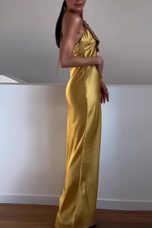 Ginger Satin 3D Flower Halter Neck Maxi Evening Dress