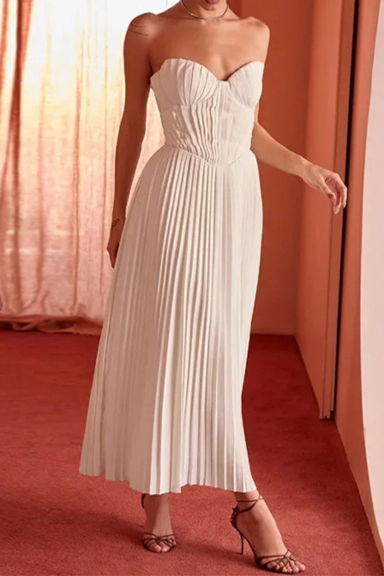 Strapless Cinch Waist Pleated Maxi Dresses
