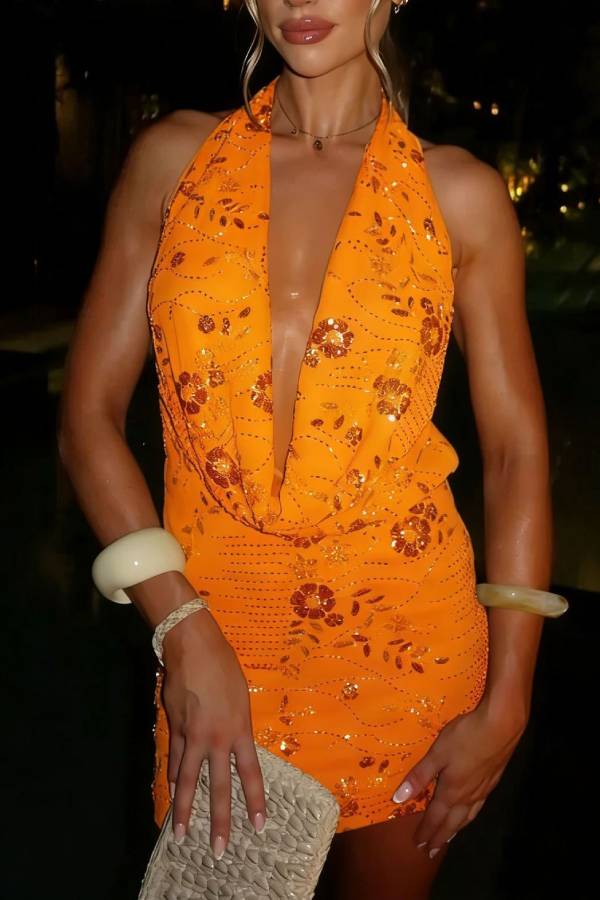 Cowl Deep V Halter Backless Sequin Floral Bodycon Party Mini Dress