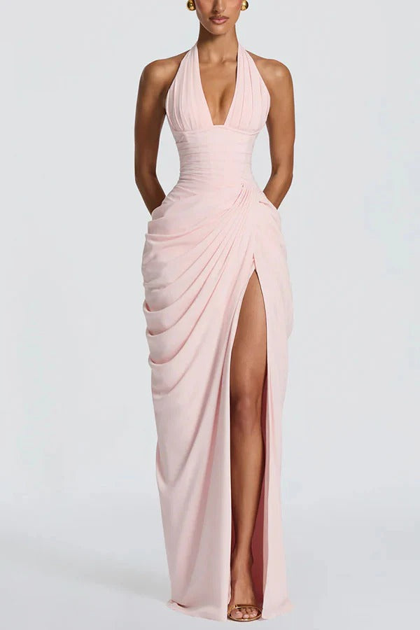 Minette Halter Back Lace-up Asymmetrical Pleats Slit Maxi Dress