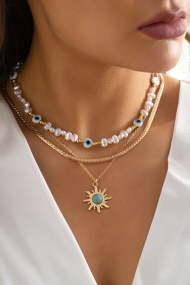 Perlen Kette Tribal Sonne Dekor Perle Mehrlagige Vintage Halskette