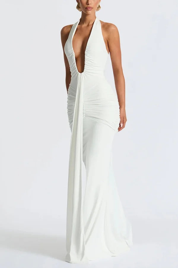 Solid Color Elegant Halterneck V-neck Open Back Tie Gathered Maxi Dress