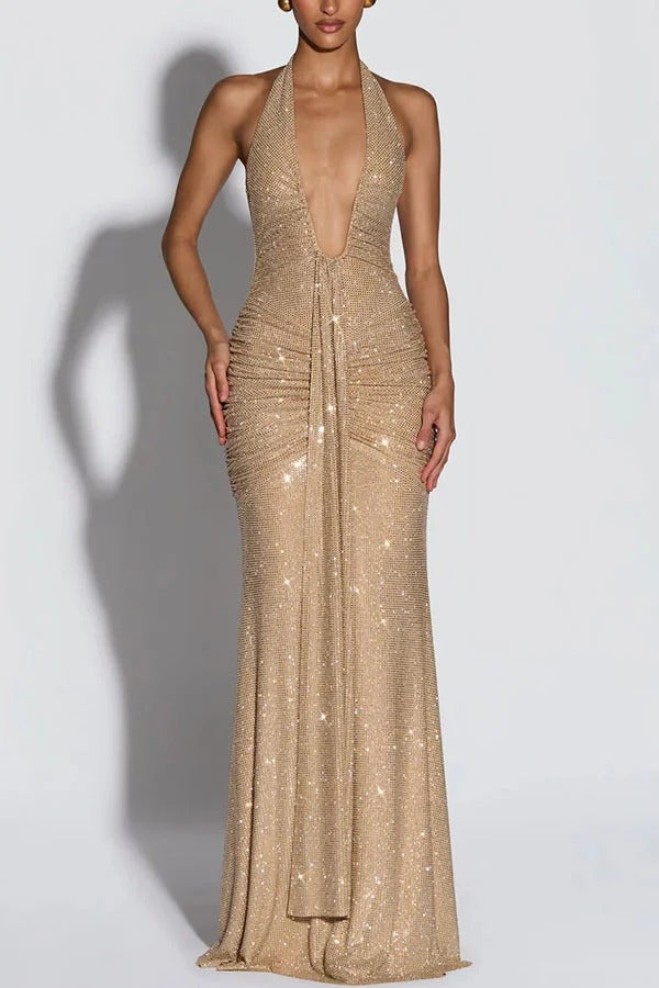 Rosetta Sequin Deep U-neck Ruched Hip Draped Panel Halter Maxi Dress