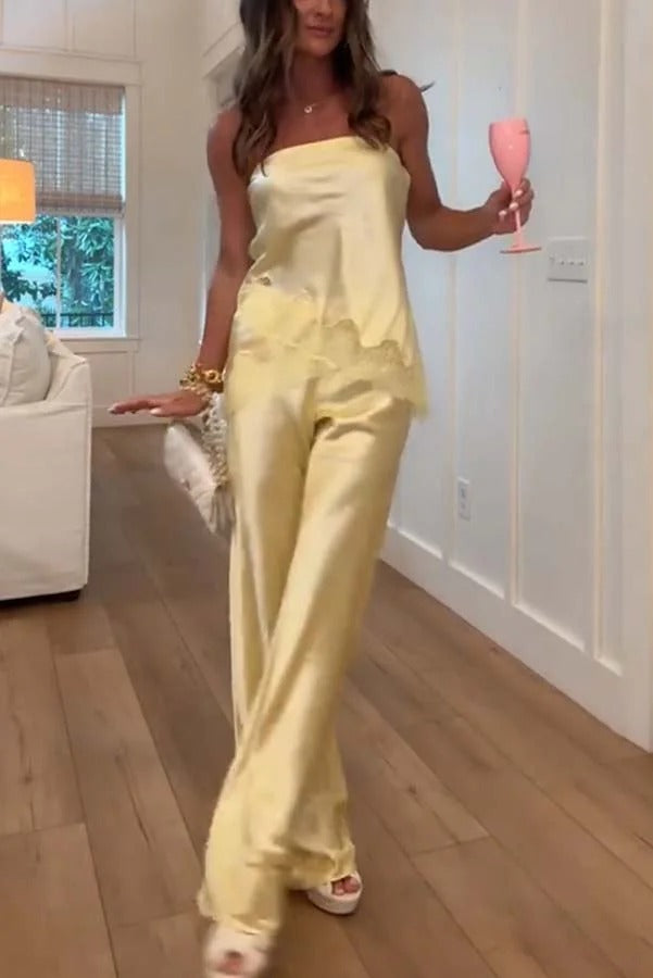 Odessa Satin Floral Lace Hem Strapless Tank and Mid Rise Wide Leg Pants Set