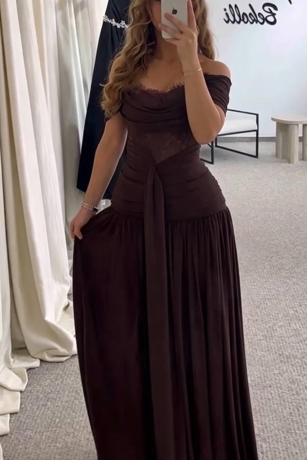 Maguire Chiffon Ruched Floral Lace Patchwork Off Shoulder Drape Gown Maxi Dress