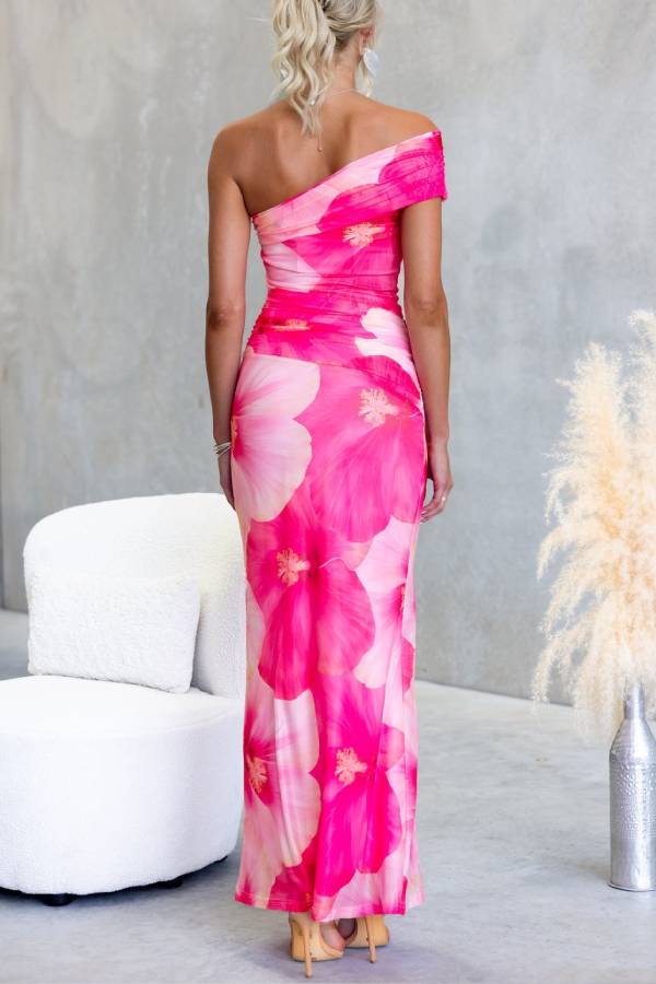 One-Shoulder Floral Print Ruched Mesh Bodycon Maxi Dress