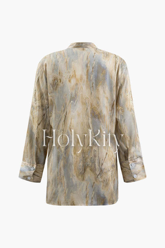 Marble Print Asymmetric Long Sleeve Blouse