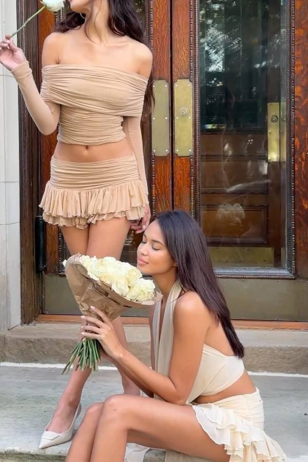Multi-Color Halter Cowl Neck Backless Ruffle High-Low Two-Piece Set