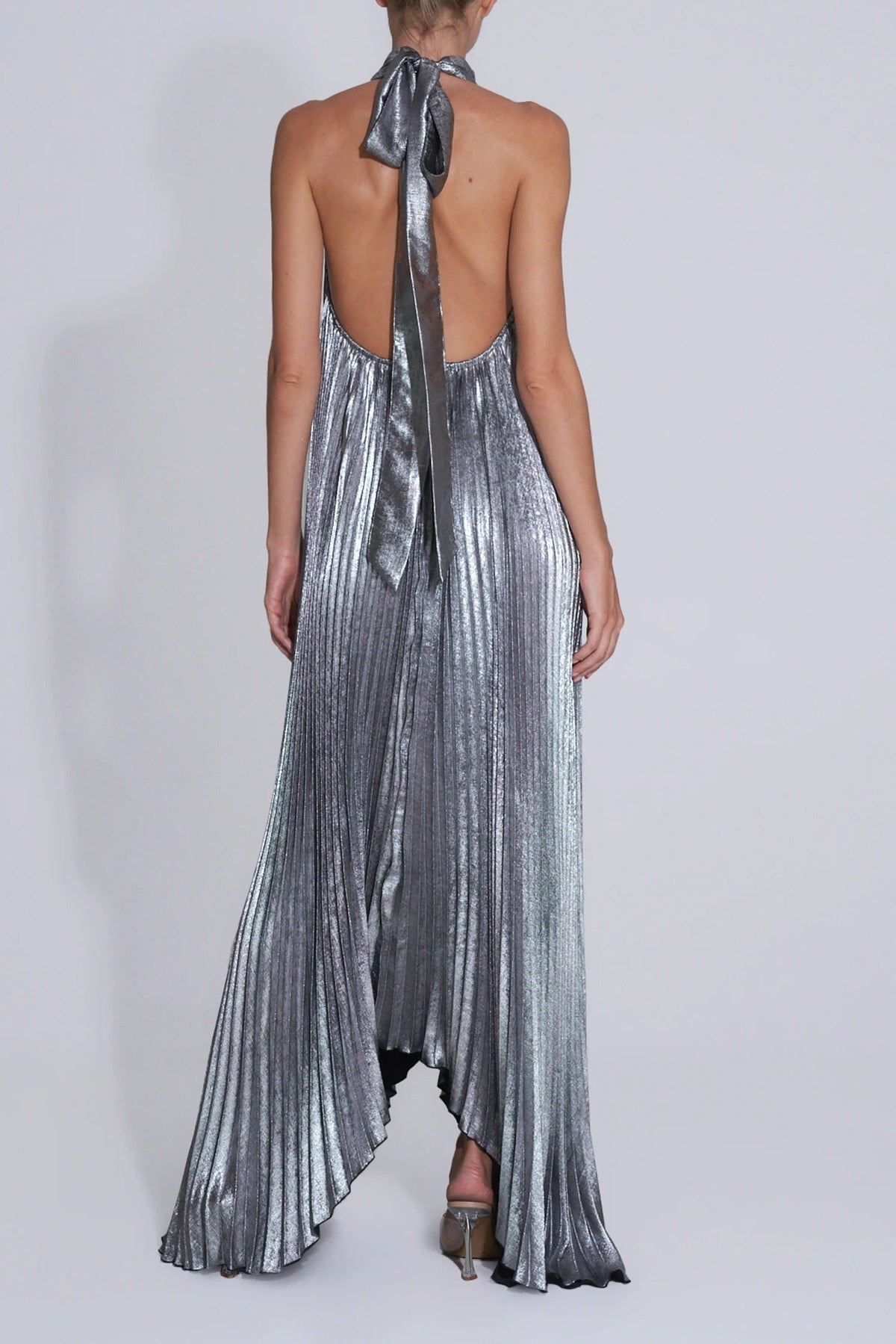 Celebration Party Pleated Metallic Fabric High Deep V-cutout Halter Neck A-line Maxi Dress