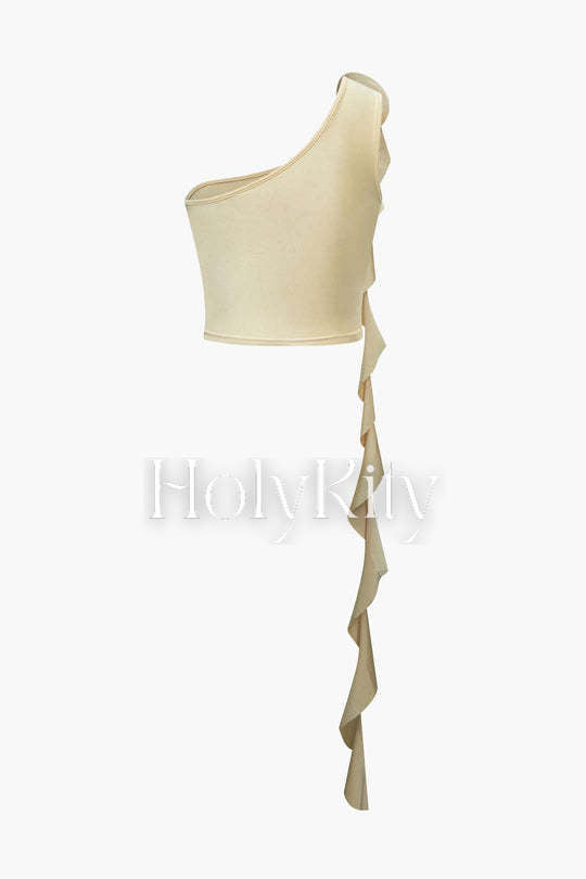 Set aus One-Shoulder-Tanktop und Minirock mit Rüschen in Rosé 