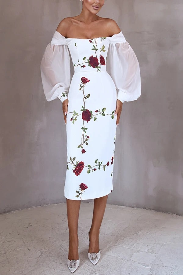 Ellie Rose Print Tulle Lantern Sleeves Off Shoulder Pencil Midi Dress