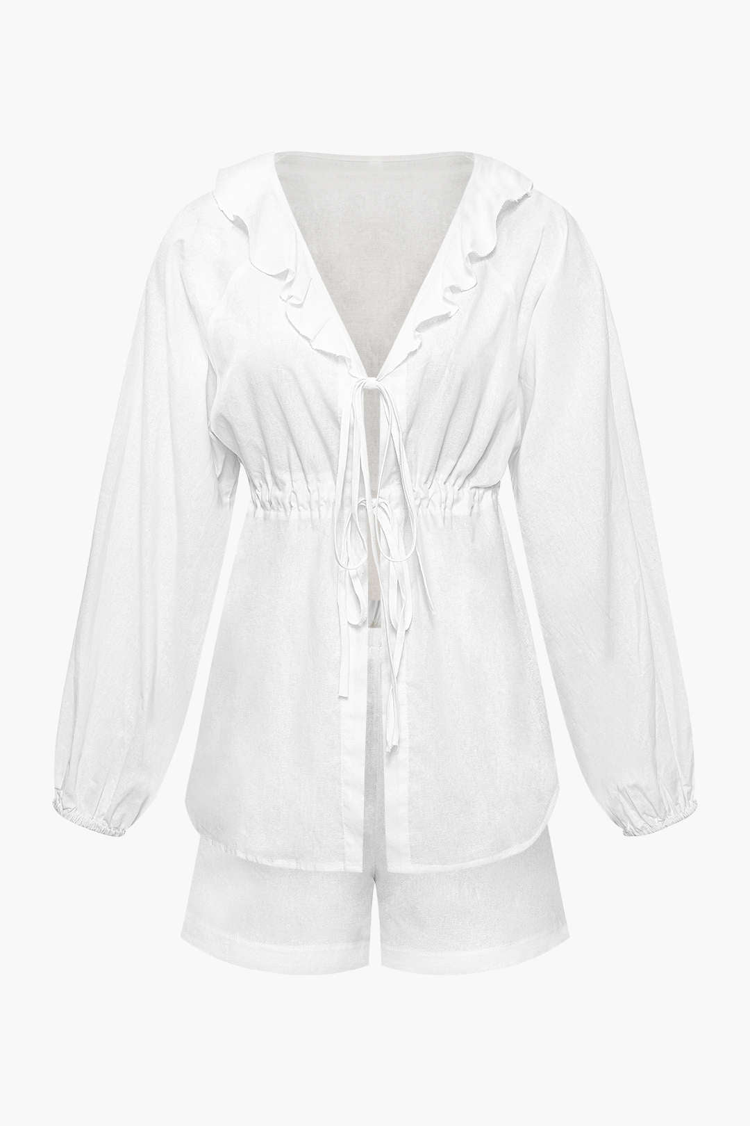 Set aus Bluse mit V-Ausschnitt, Rüschen und Bindeband vorn und Shorts mit elastischer Taille 