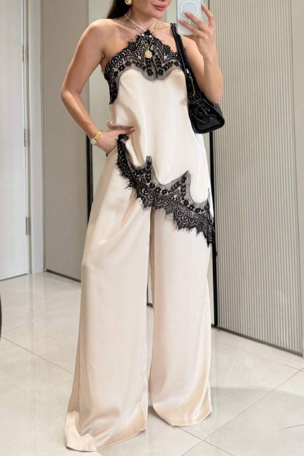 Satin and Lace Halter-Neck Wide-Leg Pants Set