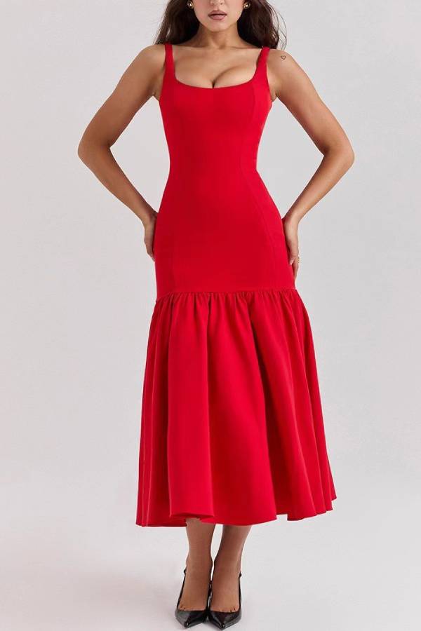 Square Neck Cami Ruffle Hem Midi Dress