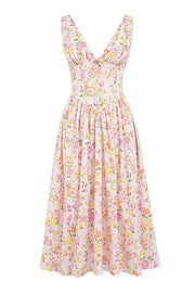 Sleeveless V Neck Cinch Waist Floral Print Midi Dresses