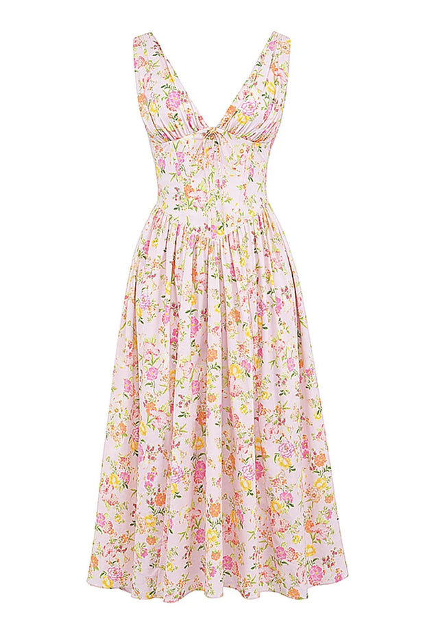 Sleeveless V Neck Cinch Waist Floral Print Midi Dresses