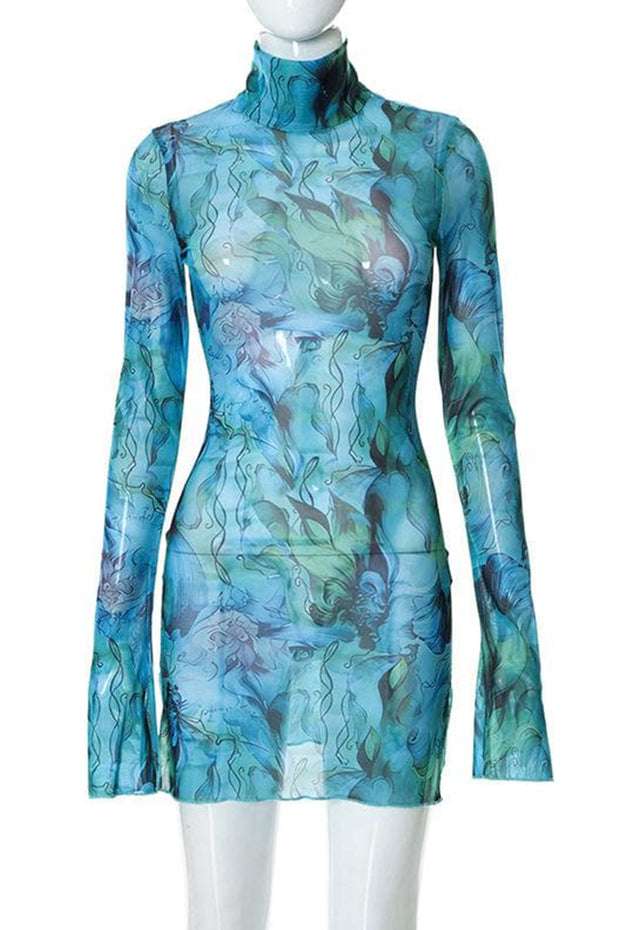 Sheer mesh see through print high neck slit long sleeve mini dress