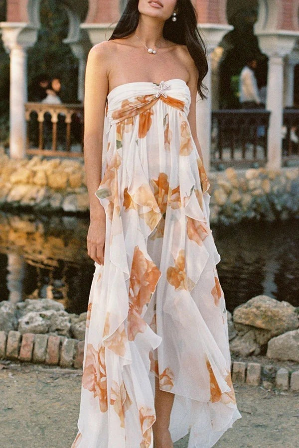 Romance and Freedom Floral Print Ruffles Halter Backless Slit Maxi Dress