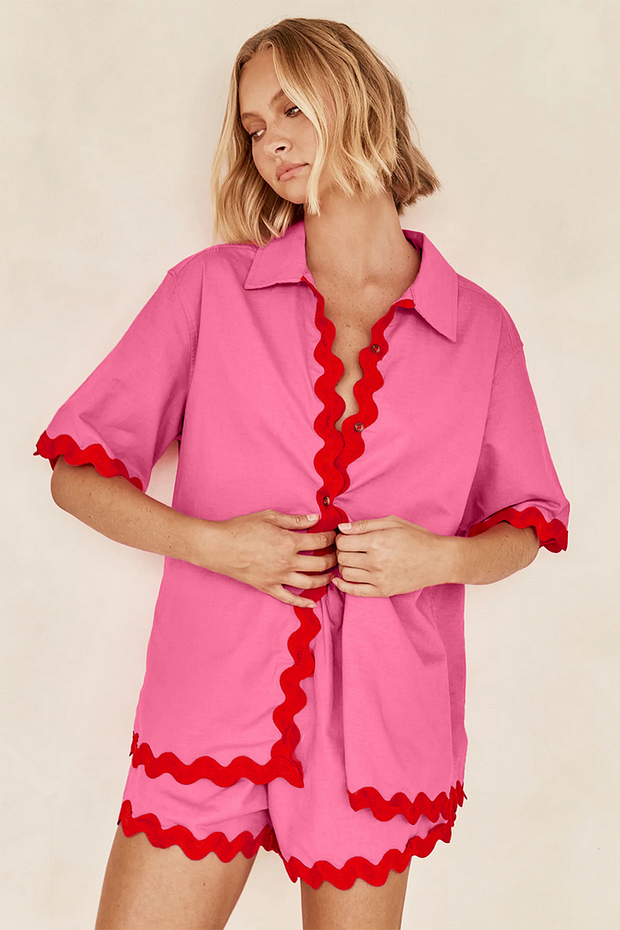 Colorblock Ripple Trim Short Sleeve Blouse Casual Shorts Matching Set