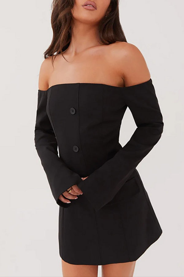 Off Shoulder Long Sleeve Button Up Decorative Flap Pockets Mini Dresses-Brown