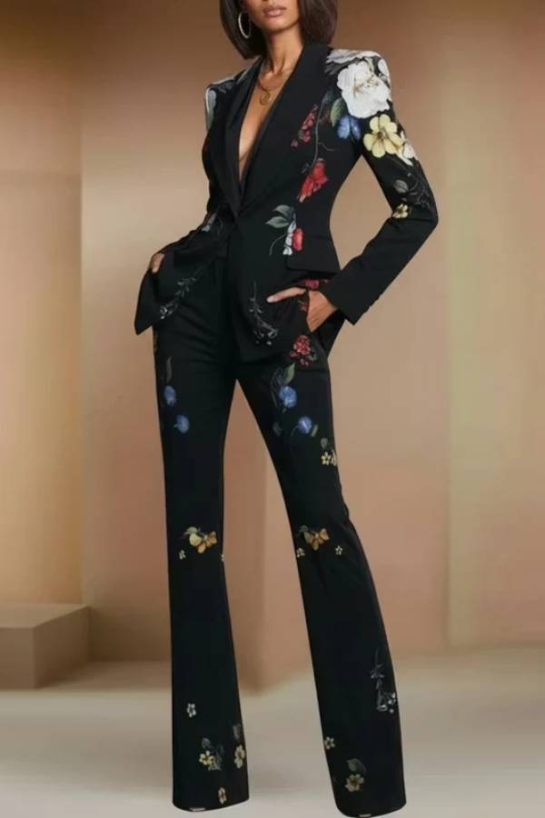 Black Floral Print Shawl Lapel Blazer & High‑Waist Flare‑Leg Pant Suit Set