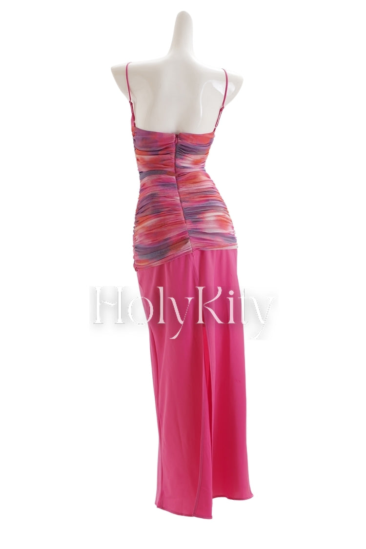 Slit suspender gauze pleated tie-dye dress