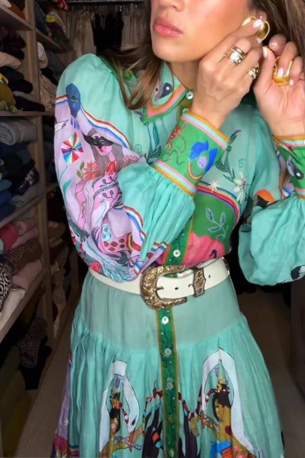Staying In Capri Unique Print Balloon Sleeve Belt Shirt Midi Dress