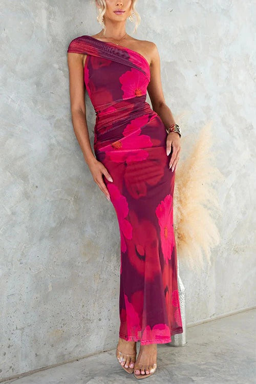 One Shoulder Floral Print Mesh Bodycon Maxi Dress