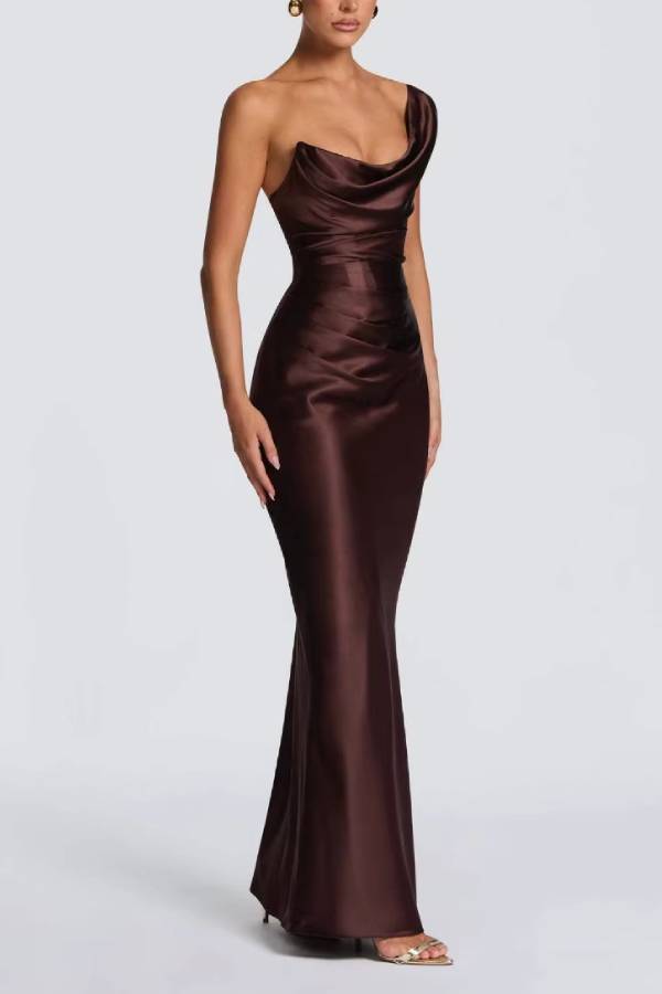 Multi-Color Satin Strapless/One-Shoulder Lace-Up Mermaid Maxi Formal Dress