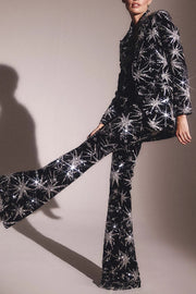 RHINESTONE ABSTRACT STARS NOTCH LAPEL BLAZER FLARED PANTS MATCHING SET