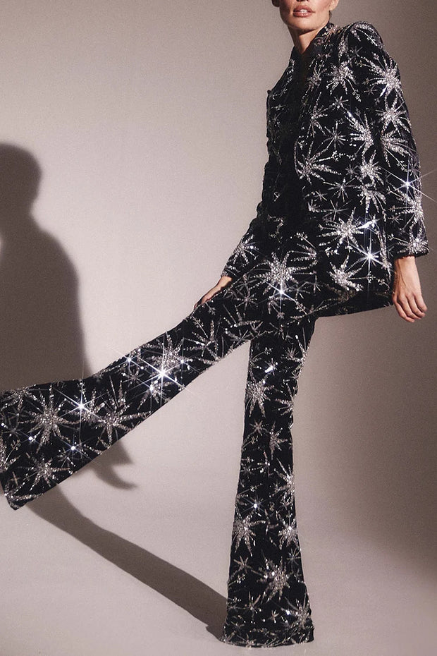 RHINESTONE ABSTRACT STARS NOTCH LAPEL BLAZER FLARED PANTS MATCHING SET