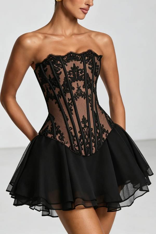 Strapless Lace Corset Tulle Mini Skirt Two Piece Set