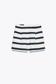 Logbook Stripe Button Shoulder T-Shirt and High-Rise Pocketed Loose Shorts Set