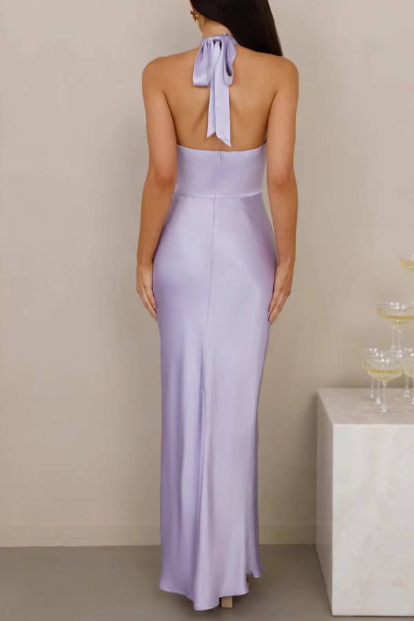 Halter Open Back Satin Midi Maxi Formal Dress Solid Bodycon Bridesmaid Gown